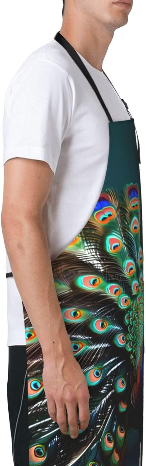 Beautiful peacock print Waterproof apron with pocket adjustable cooking apron for adult kitchen bibs to bake