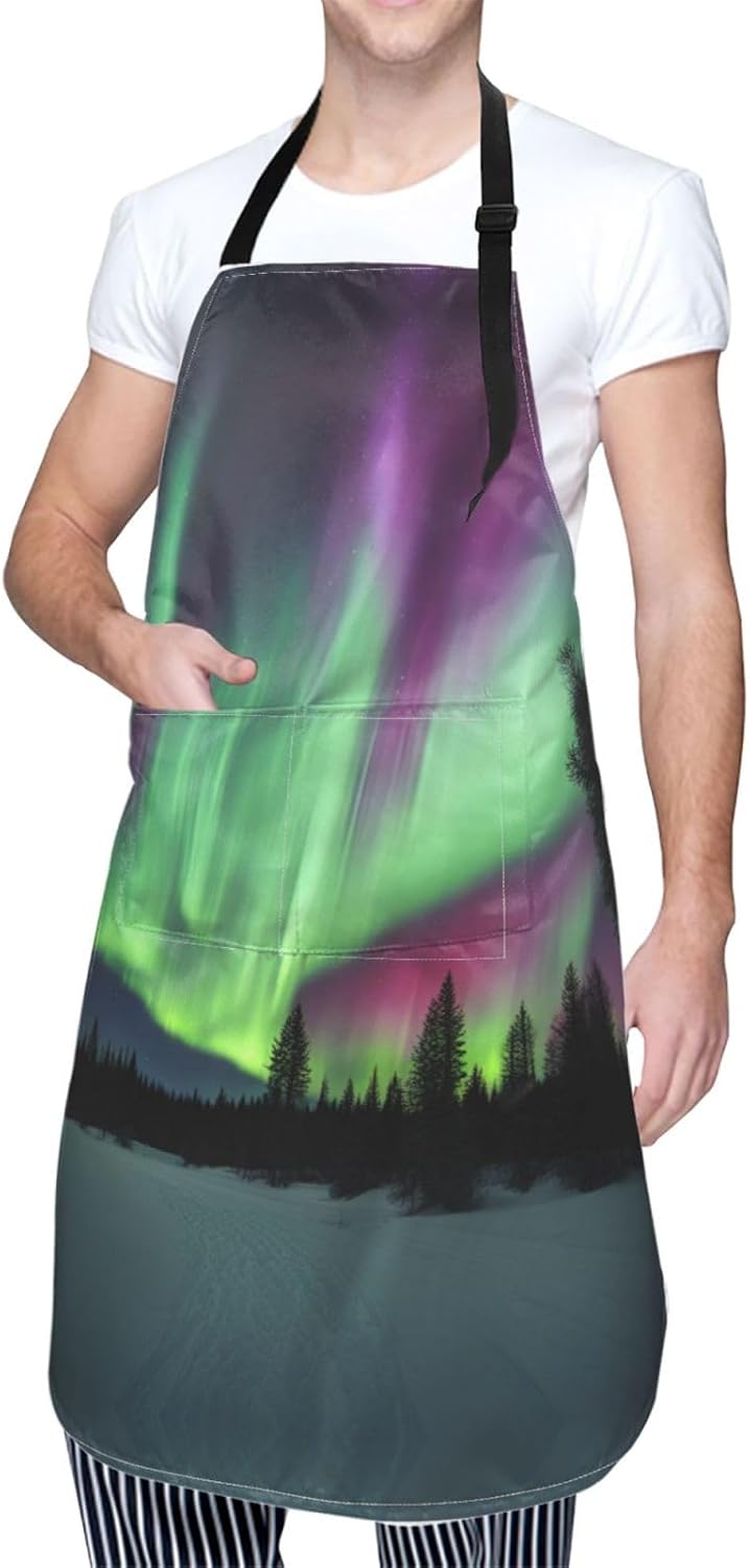 Northern Lights Painting print Waterproof chef's apron with pocket apron for kitchen cooking baking barbecue and gardening