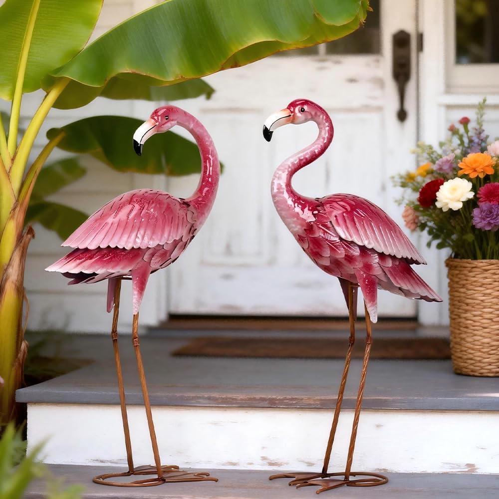 Kircust Outdoor Statue Flamingo Garden Decor, Yard Art Metal Birds Sculpture & Statues, Large Pink Flamingos Lawn Ornaments for Home, Patio, Backyard Decor (2-Pack)