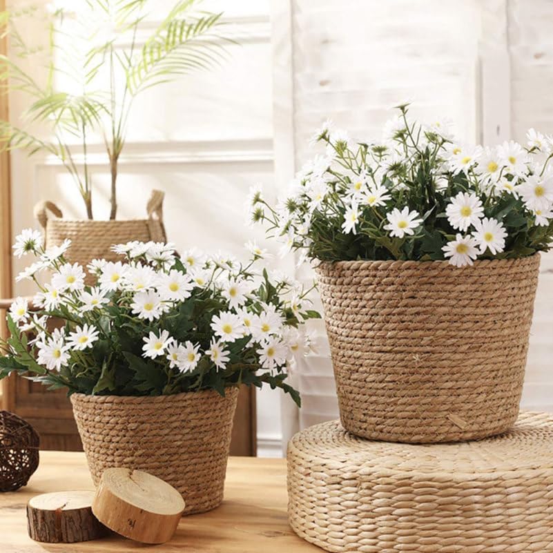Hand Woven Planter Basket with Liner Rustic Straw Flower Pot for Indoor Outdoor Plants Balcony Living Room Decor 7.8X9.75X7.8 Inches
