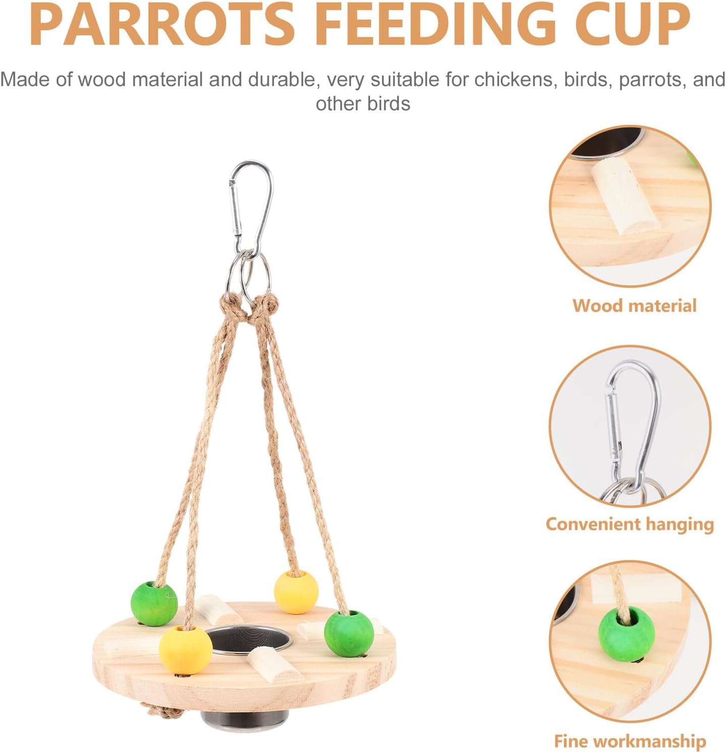 Wooden Hanging Bird Feeder Swing with Feeding Cup for Parrots Outdoor 