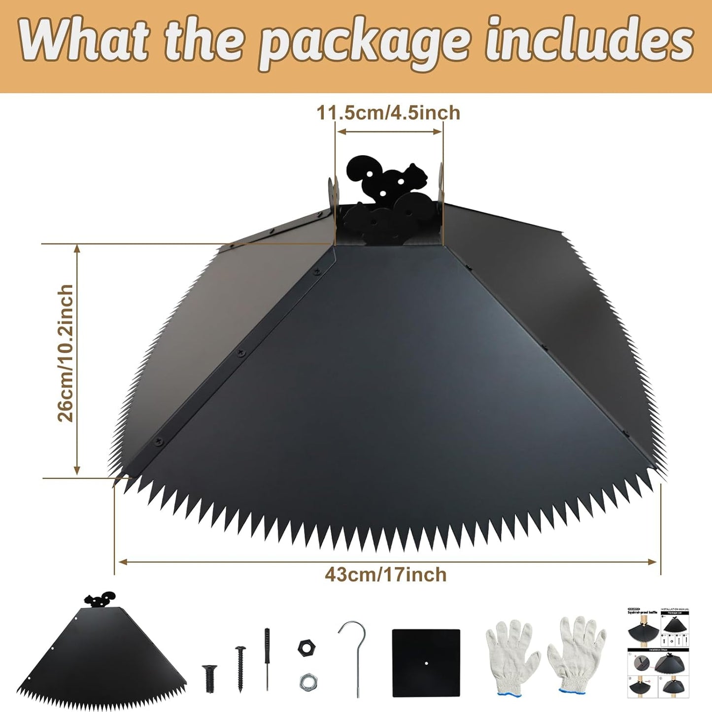 Upgrade Metal Squirrel Baffle for 4x4 Post - 17 inch Outdoors Squirrel Guards Proof with Spikes for Hanging Bird Feeders Baffle, Effectively Keep Squirrels and Raccoons Off Birdhouse