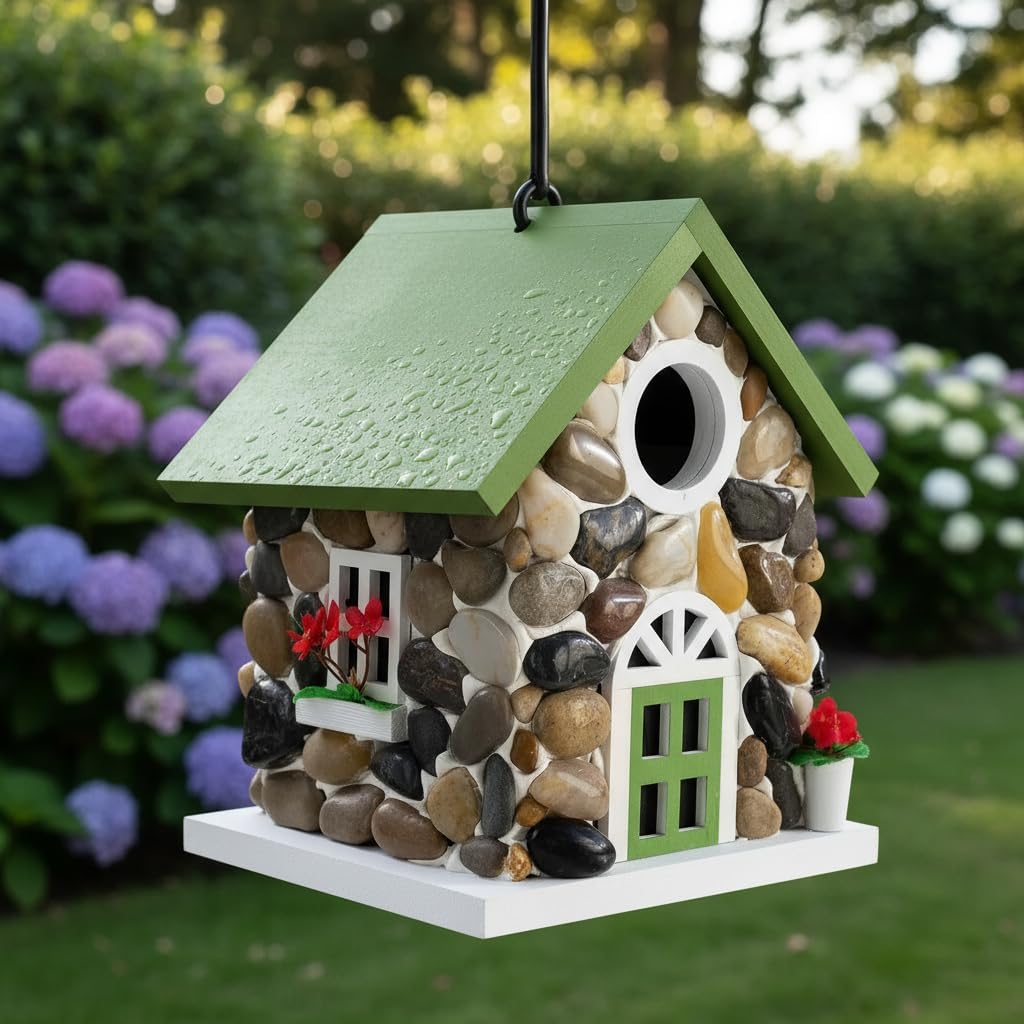 Masterpiece Bluebird House for Outside Clearance,Hanging Bird House for Outdoor, Stone Villa, River Pebbles Birdhouse for Outside, Garden Statue Solid Wood Longtime Lasting, Post Pole Mountable