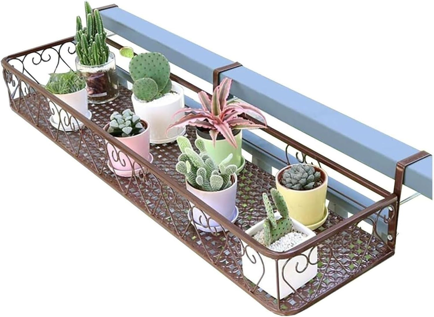 Black Iron Railing Planter - Hanging Fence Planter, Decorative Flower Shelf for Window Sill, Durable Outdoor Garden Display Stand (Brown, 20x80x12cm)