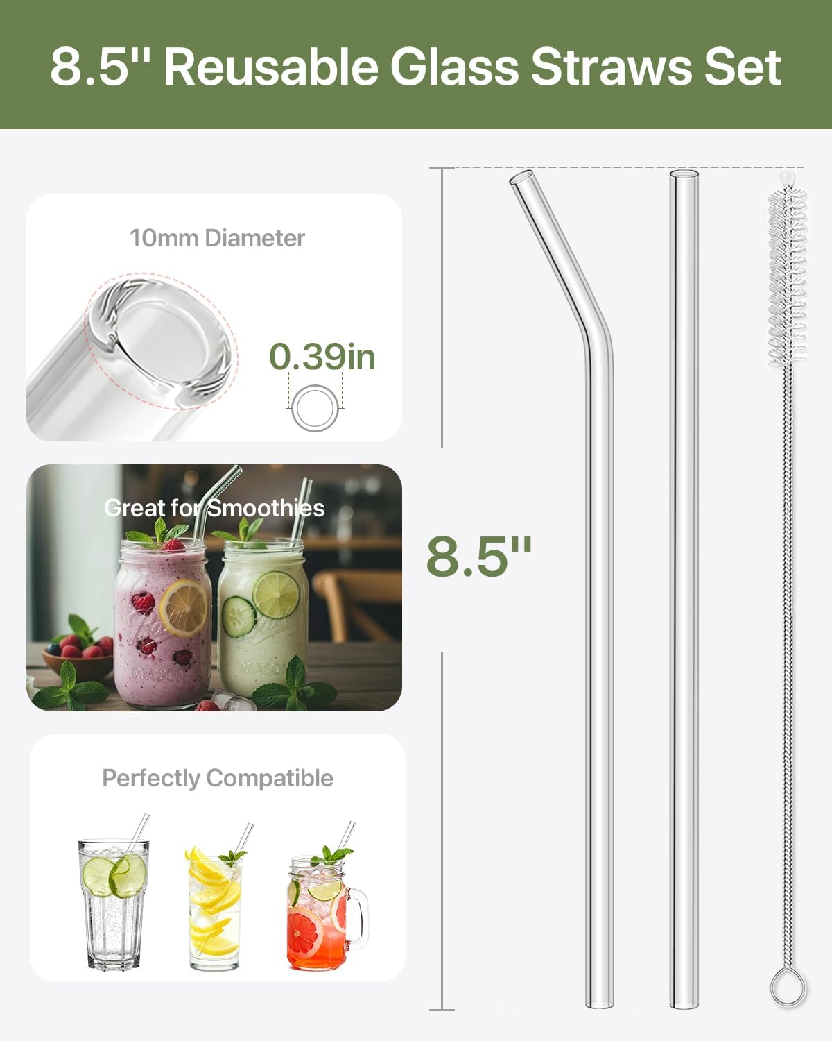18-Pack Glass Straws, Reusable Clear Glass Drinking Straws Set, 8.5 Inch x 10mm - Includes 8 Straight and 6 Bent with 4 Straw Cleaner Brush, Perfect for Smoothies, Milkshakes, Juice, Tea