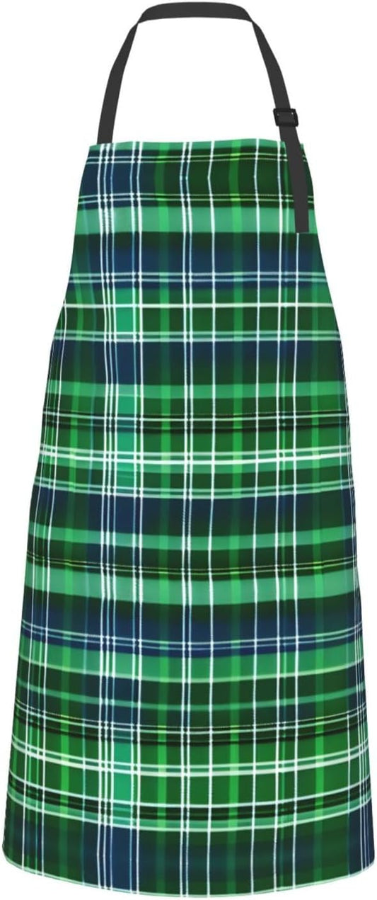 Blue and Green Scottish Tartan print Waterproof apron with pocket adjustable cooking apron for adult kitchen bibs to bake