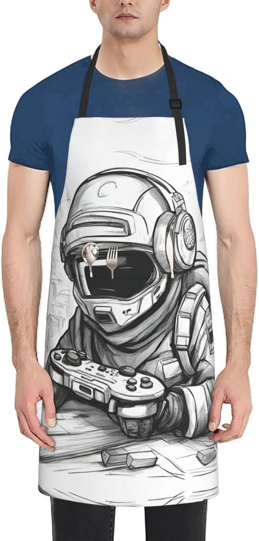 Monochrome Sketch Style Gaming print Waterproof chef's apron with pocket apron for kitchen cooking baking barbecue and gardening