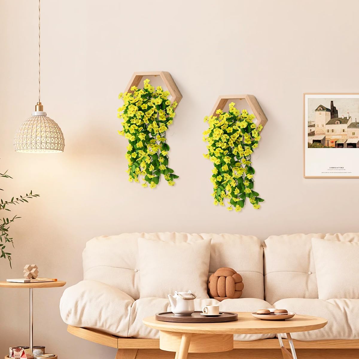 Artificial Fake Hanging Flowers Plants for Outdoor Spring Summer Decoration, 2PCS Faux Silk Violet UV Resistant Look Real Trailing Vines for Outside Home Planter Porch Patio(Yellow)