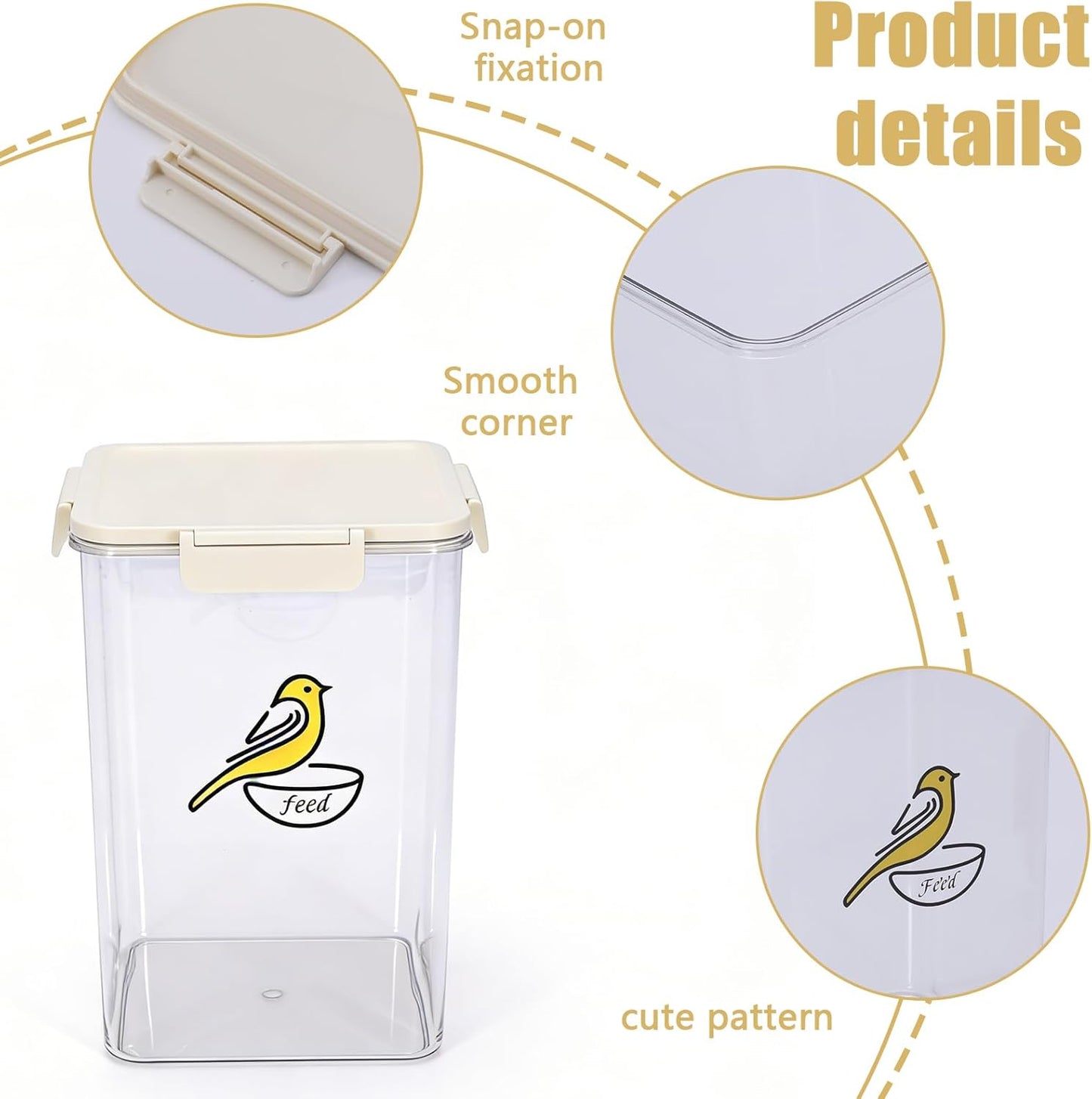 Bird Seed Storage Container，4.5L Pet Food Container with Four-Sided Snap Lock,Clear Plastic Wild Bird Seed Dispenser,Airtight Storing Sunflower Seed|BPA Free