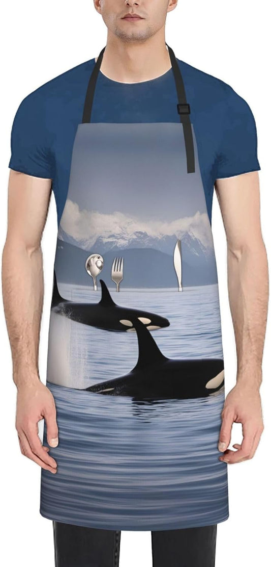 Killer Whales Swim Along print Waterproof chef's apron with pocket apron for kitchen cooking baking barbecue and gardening