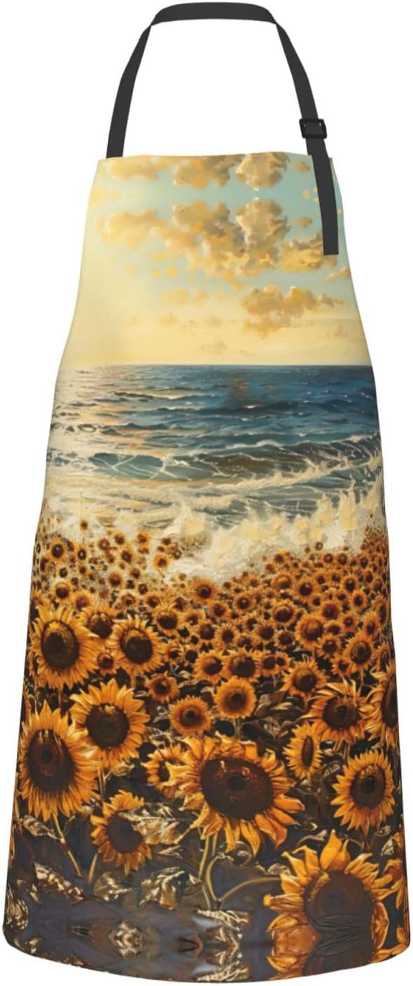 sunflowers sea print Waterproof chef's apron with pocket apron for kitchen cooking baking barbecue and gardening