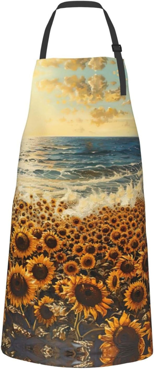 sunflowers sea print Waterproof chef's apron with pocket apron for kitchen cooking baking barbecue and gardening