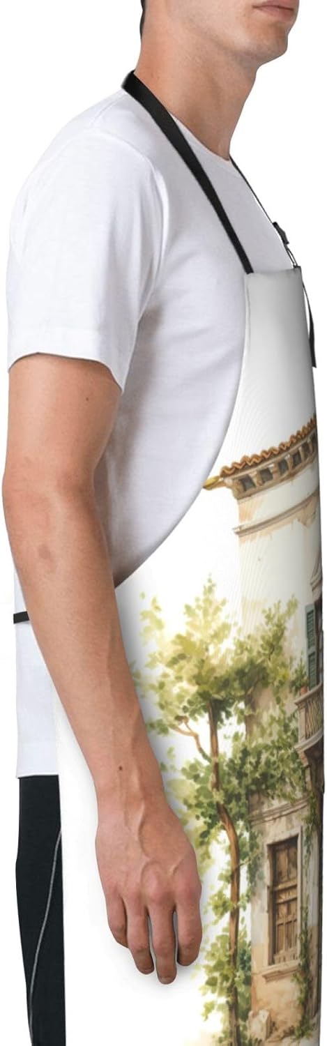 Antique Building with Roman Olive Branch and Greek print Waterproof chef's apron with pocket apron for kitchen cooking baking barbecue and gardening