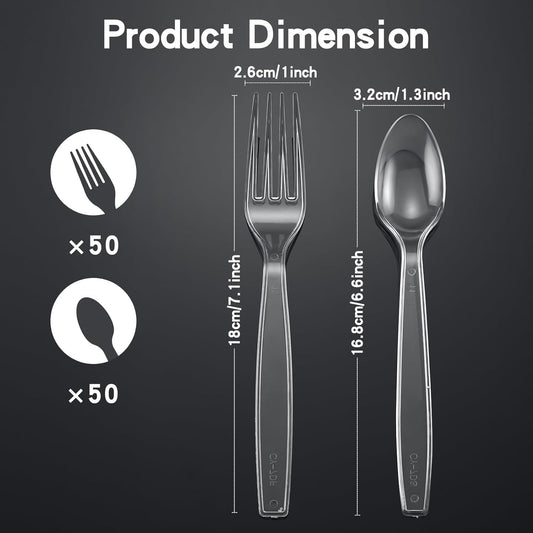 100 Count Plastic Silverware Heavy Duty 50Forks50Spoons | Shatterproof BPA-Free Disposable Cutlery Heat Resistant Disposable Plastic Utensils for Catering & Events, Party Supplies