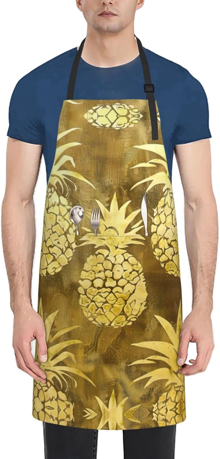 gold pineapple background print Waterproof chef's apron with pocket apron for kitchen cooking baking barbecue and gardening