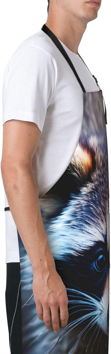 Little Raccoon Face print Waterproof chef's apron with pocket apron for kitchen cooking baking barbecue and gardening