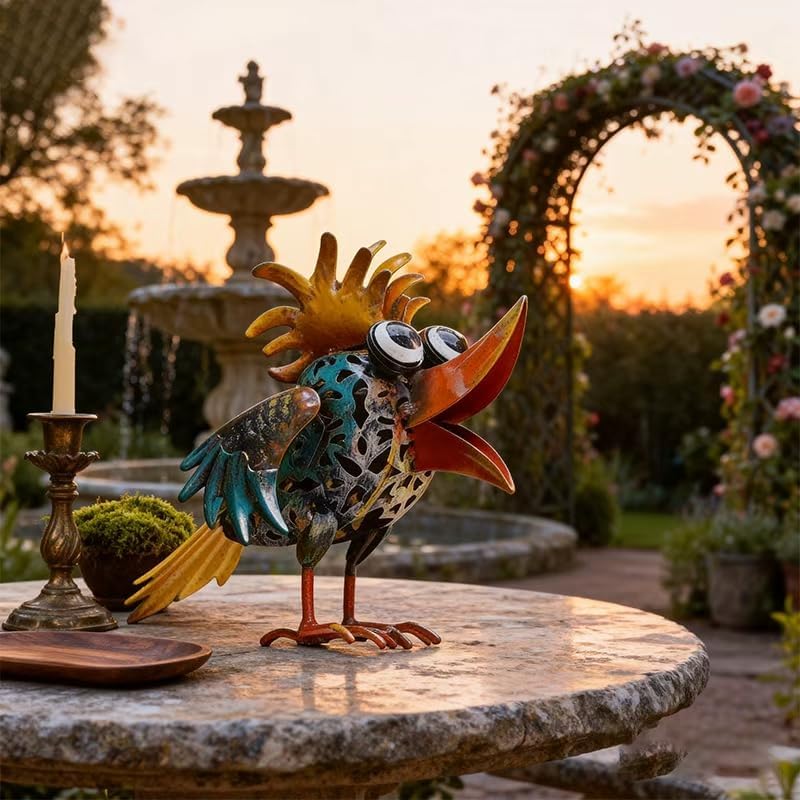Art Deco Metal Rooster Garden Statue, Weatherproof Outdoor Indoor Deco