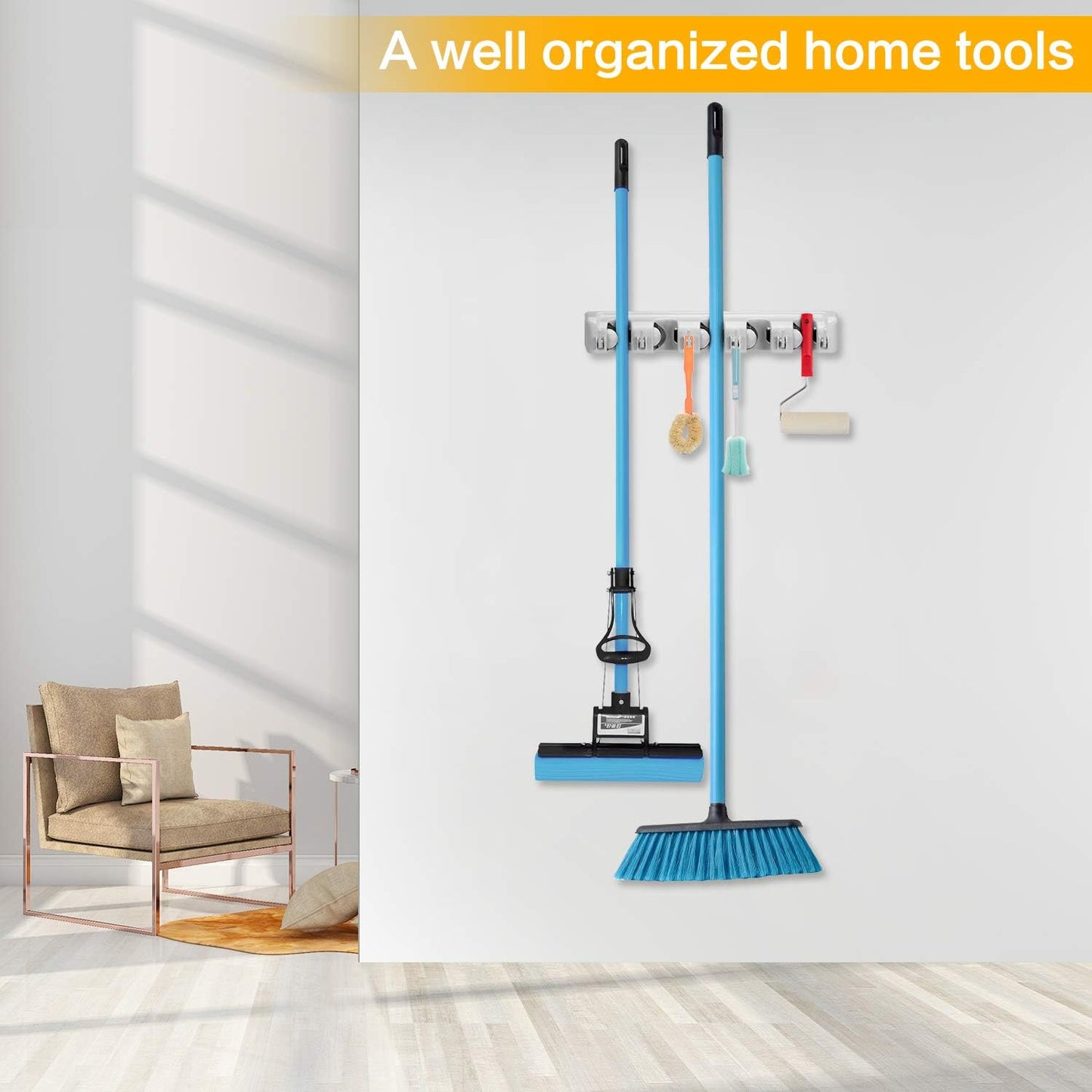 Champs Mop Broom Holder Wall Mounted Commercial Organizer Storage Rack for Garden Tools, Kitchen, Garage and Laundry [5 Slots with 6 Hooks]