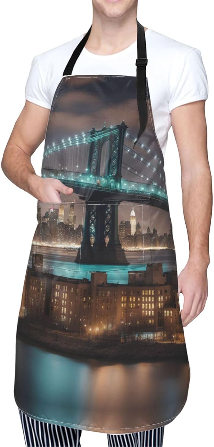 New York Manhattan Bridge Night print Waterproof chef's apron with pocket apron for kitchen cooking baking barbecue and gardening