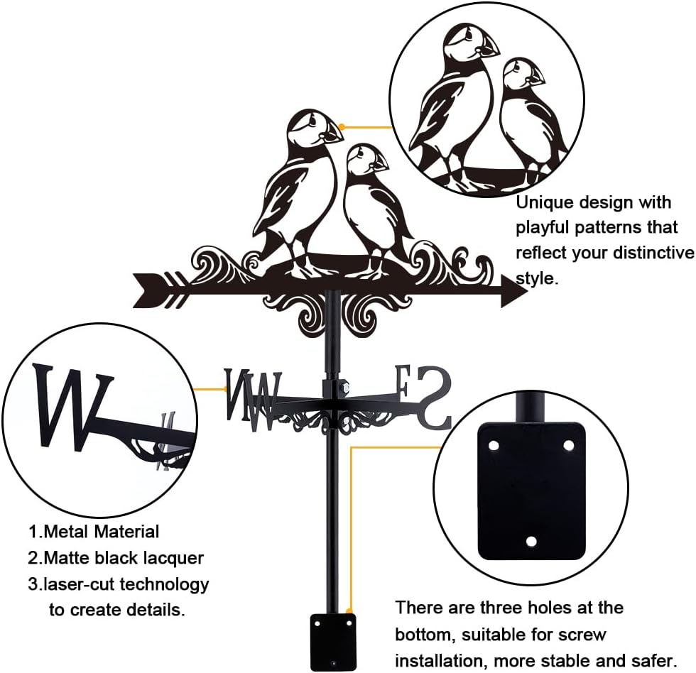 SUPERDANT Puffin Weather Vane Bird Wind Vanes for Yard Animal Metal Weathervane Roof Mount for Gardens Outside Black Weathervanes Farmhouse Farm Barn Sheds Patio Decorations