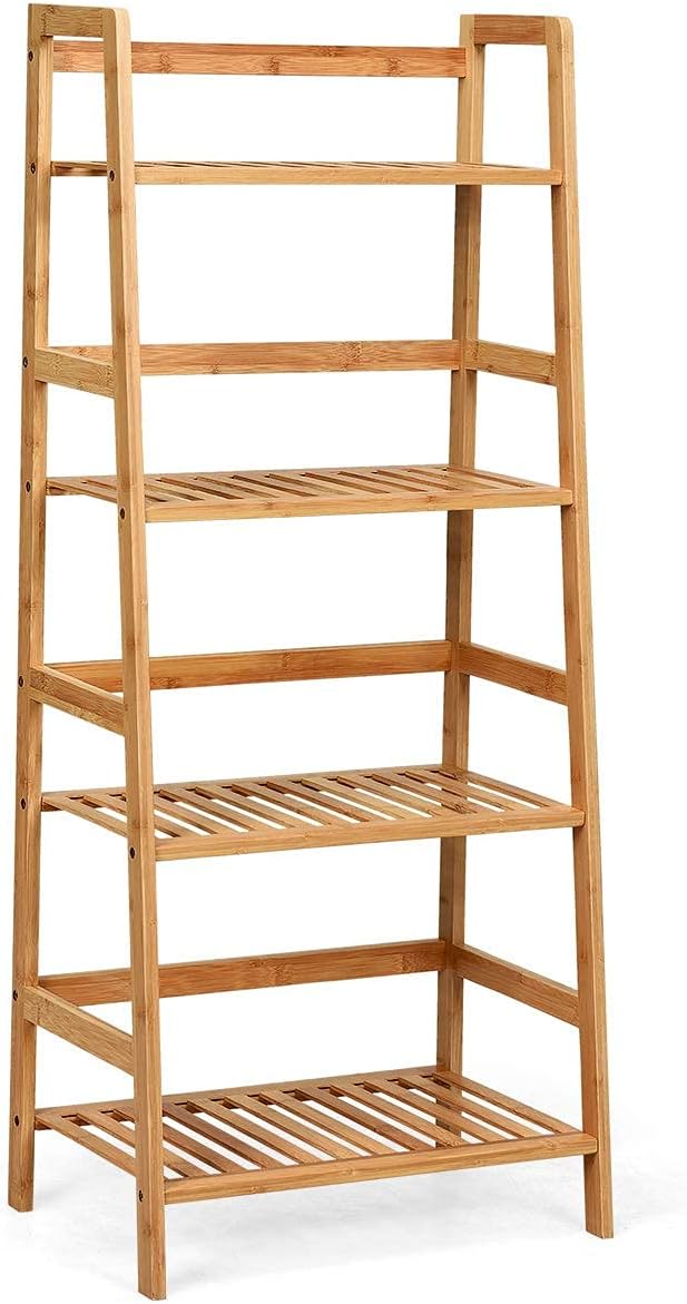Giantex 4-Tier Ladder Shelf Plant Stand, Bamboo Flower Pots Holder Display Rack, Multifunctional Ladder-Shaped Bookshelf Storage Shelves for Home Office Living Room Bathroom Bedroom Kitchen (Natural)