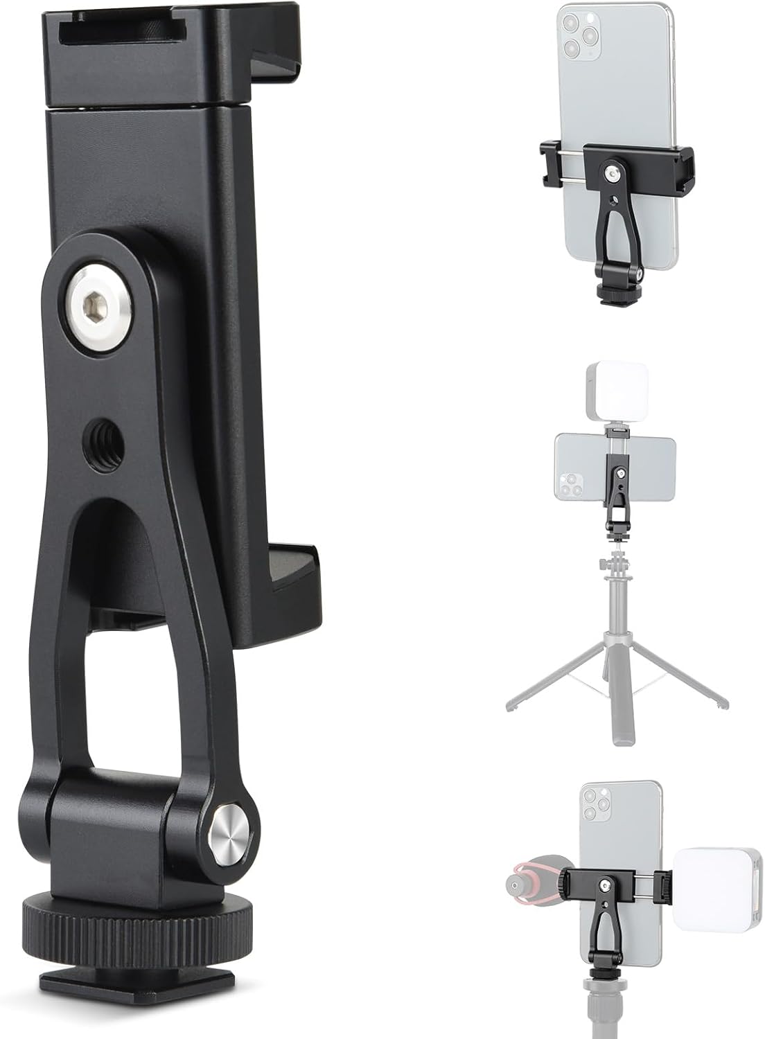 UTEBIT Universal Phone Tripod Mount with Cold Shoe Mount, 1/4" Thread 180° Tilt 360° Rotation Support Vertical and Horizontal, Adjustable Phone Clamp Holder for iPhone 17 16 15 14, for Samsung Galaxy