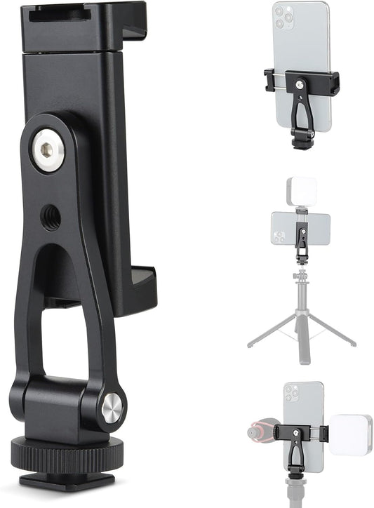 UTEBIT Universal Phone Tripod Mount with Cold Shoe Mount, 1/4" Thread 180° Tilt 360° Rotation Support Vertical and Horizontal, Adjustable Phone Clamp Holder for iPhone 17 16 15 14, for Samsung Galaxy