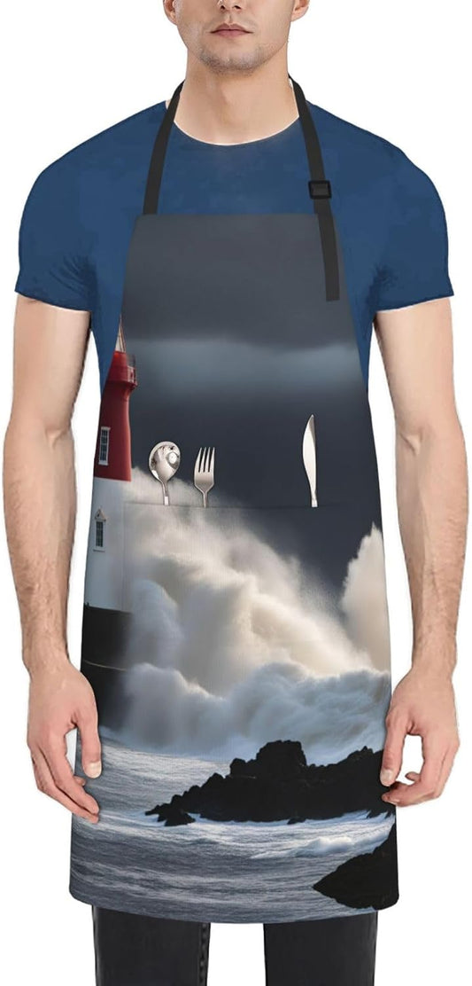 Lighthouse In Storm print Waterproof chef's apron with pocket apron fo