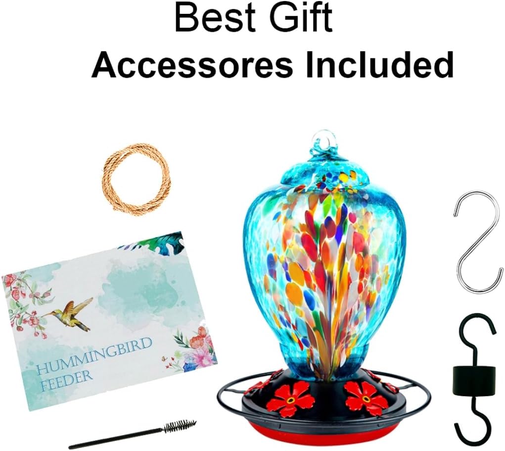 Glass Hummingbird Feeder for Outdoor Hanging 32 Ounces Large Hand Blown Patio Garden Decoration Hummingbird Feeder with Ant Moat Gift Idea for Women (Blue Fire)