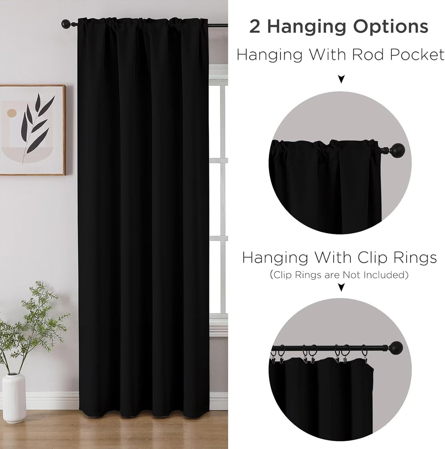 CUCRAF Black Blackout Curtains 84 inch Length 2 Panels Set, Rod Pocket Room Darkening Drapes for Bedroom Living Room, Insulated Thermal Light Blocking Window Curtain (W52 x L84 Inch)