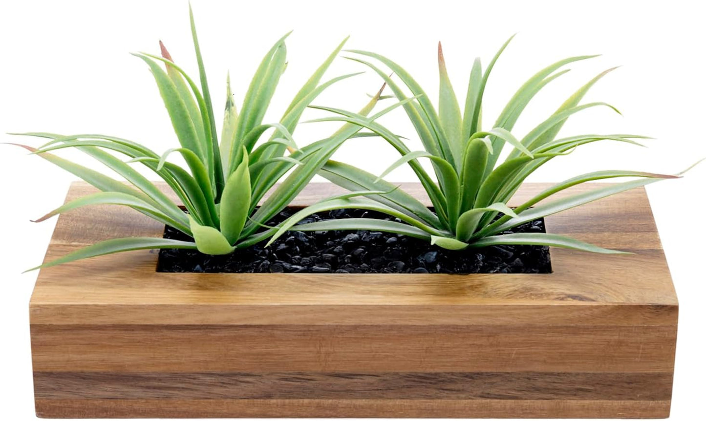 MyGift 10 Inch Artificial Green Grass Plants in Deluxe Acacia Solid Wood Decorative Planter Pot, Faux Greenery in Rectangular Wooden Container