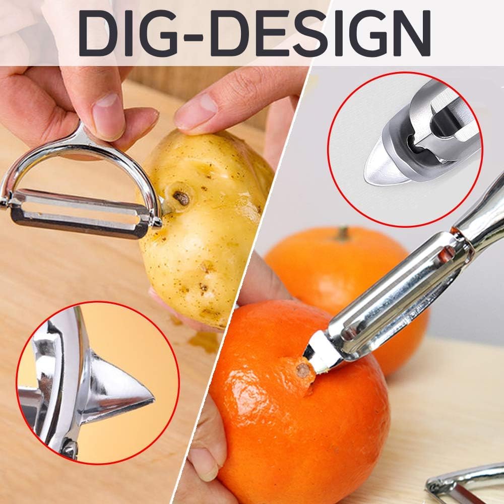 Vegetable Peeler, Potato Peelers for Kitchen Stainless Steel Multi-function Set Fruit Peeler For Kitchen and Household Tools Y & I Shape Swivel Blades with 2 Orange Citrus Peelers