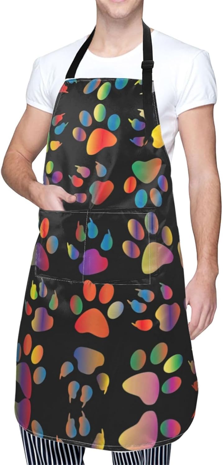 colorful dog paw Print 28x33 In Adult Kitchen Apron with Pockets Versatile Chef Smock for Cooking Baking