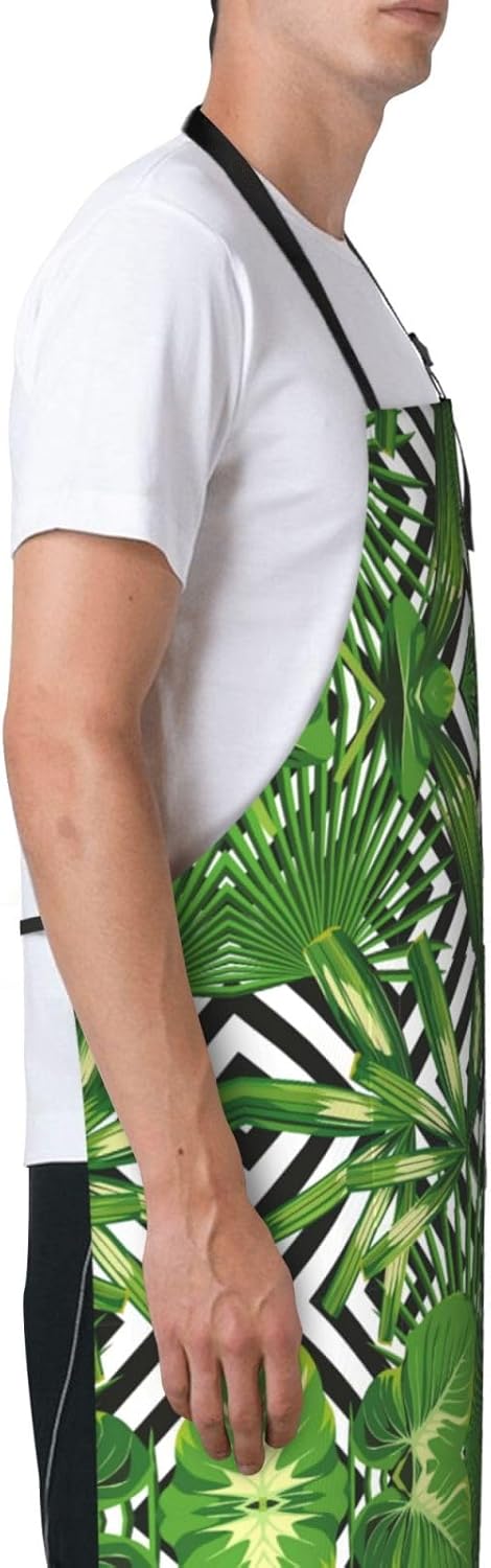 Green Leaves of Palm Tree Tropical Plant Print 28x33 In Adult Kitchen Apron with Pockets Versatile Chef Smock for Cooking Baking