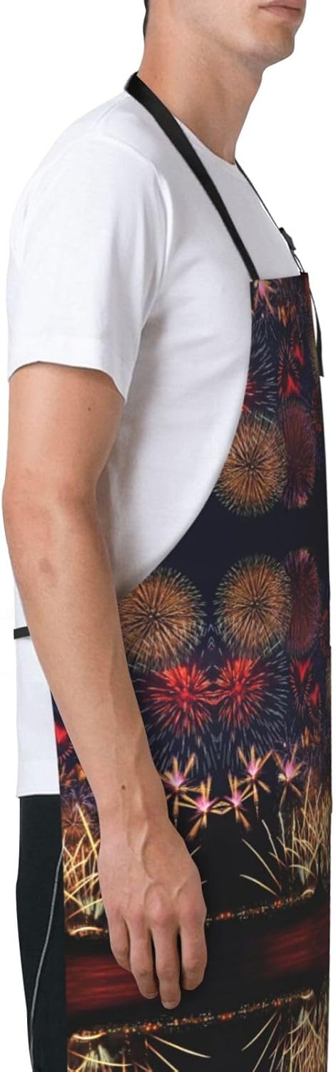 Fireworks Print 28x33 In Adult Kitchen Apron with Pockets Versatile Chef Smock for Cooking Baking
