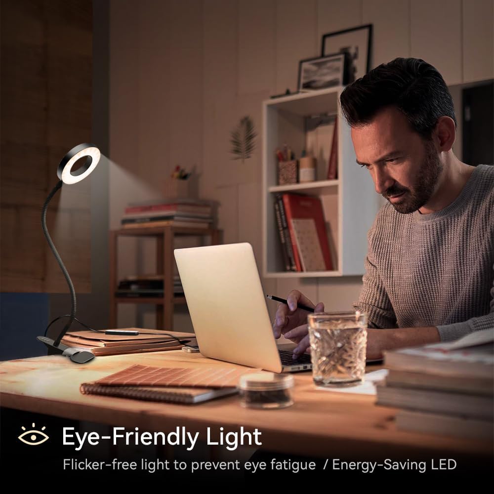 LED Desk Lamp Clip on Light with 3 Color Modes 10 Brightness Ring/Clam