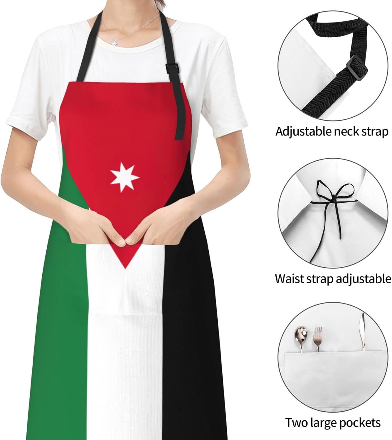 Jordanian flag print Waterproof chef's apron with pocket apron for kitchen cooking baking barbecue and gardening