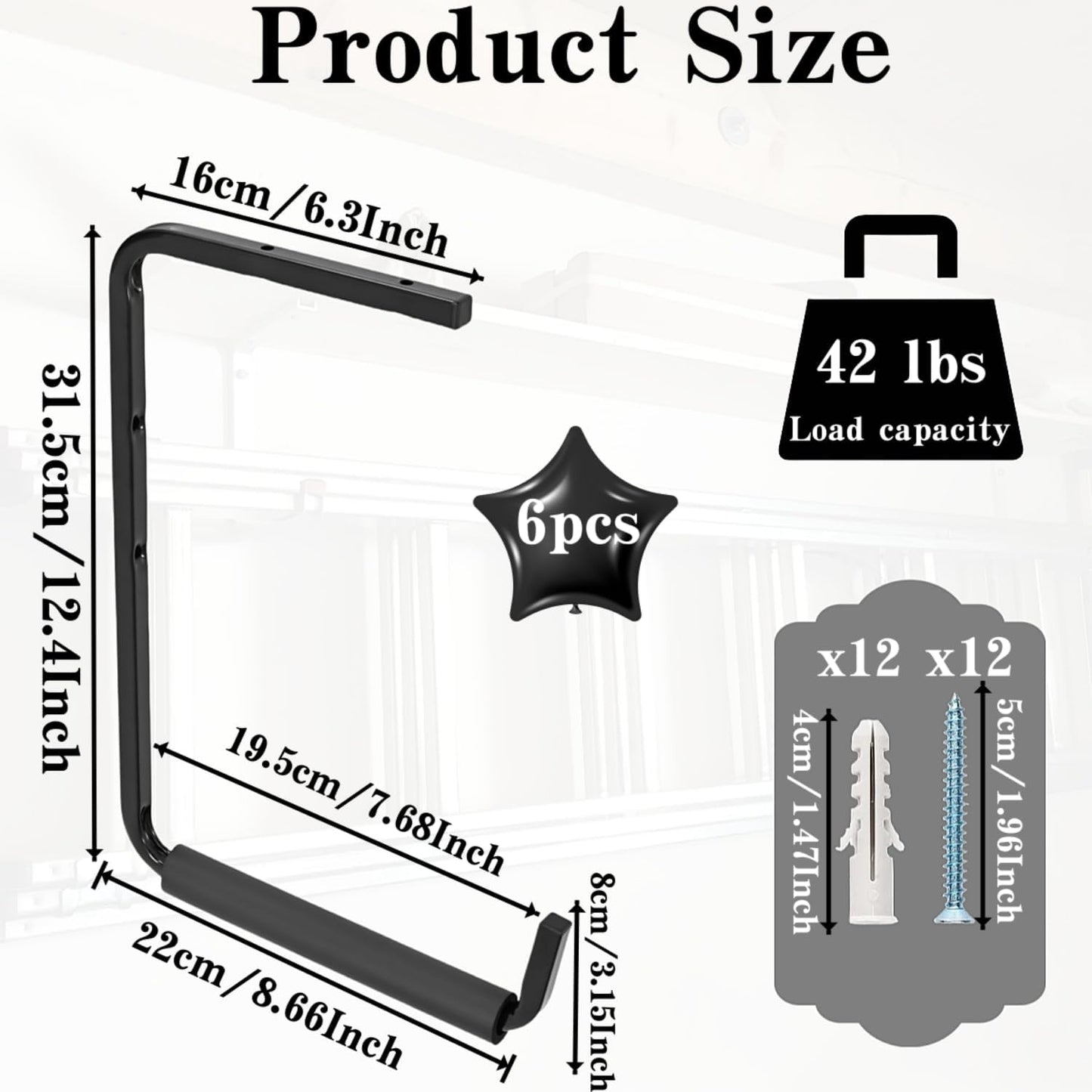6 Pack Wall Mounted Overhead Garage Storage Hooks, 12.4 Inch Utility Ceiling Storage Rack, Heavy Duty Hangers & Organizer for Ladder, Wood, Tools, Garden Hose and Bike