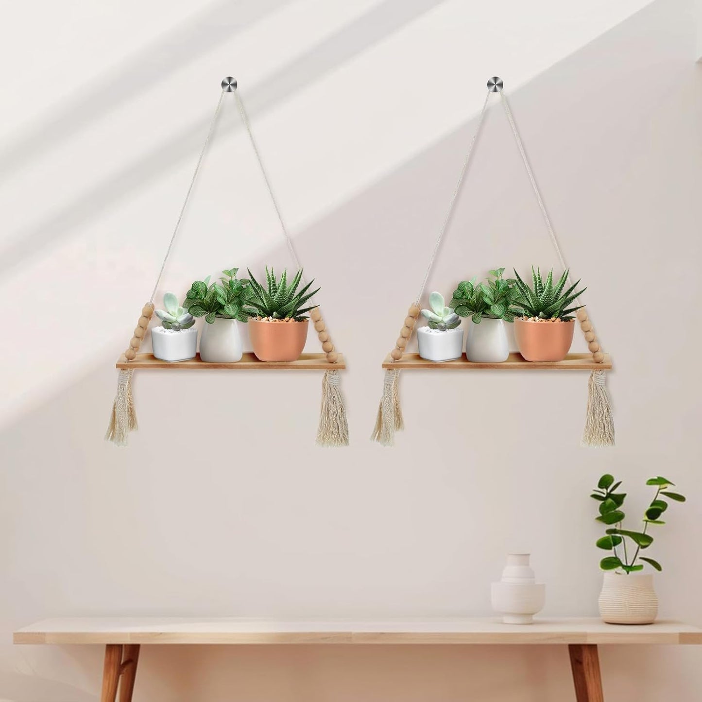 2 Pcs Wooden Wall Hanging Shelves, Macrame Hanging Plant Shelf with Tassel,Boho Storage Floating Shelves Handmade Rustic Hanger Planter Rack Pot Stand Holder for Bedroom Dorm Nursery Living Room