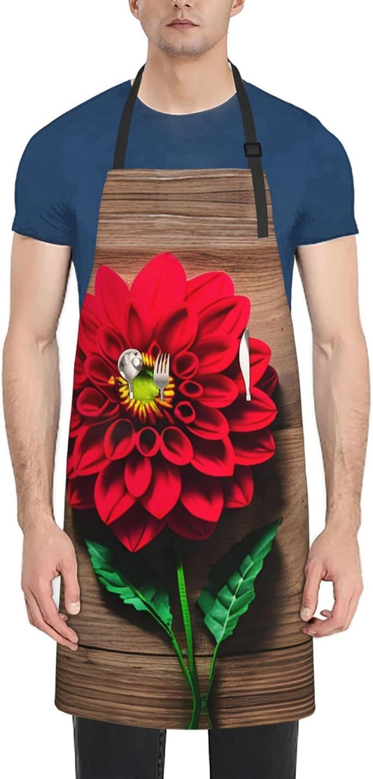 Wooden Board Retro Flower Red Dahlia print Waterproof chef's apron with pocket apron for kitchen cooking baking barbecue and gardening
