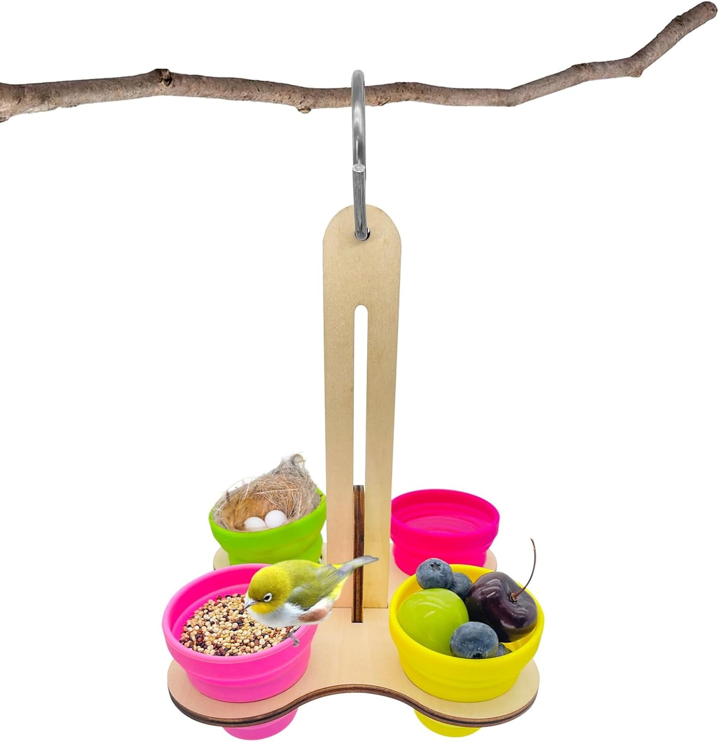 Bird Feeder for Outdoors, Hanging and Standing Bird Feeder, Wooden Feeders, Food and Water Bowls with 4 Food-Grade Silicone Cups, Indoor or Outdoor
