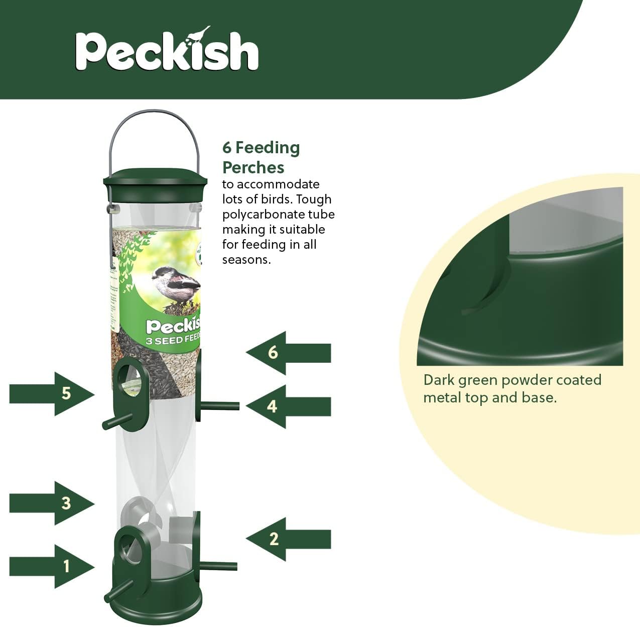 Gardman Peckish All Weather 3 Seed Twist Feeder, Green, 18.75" H (60053042)