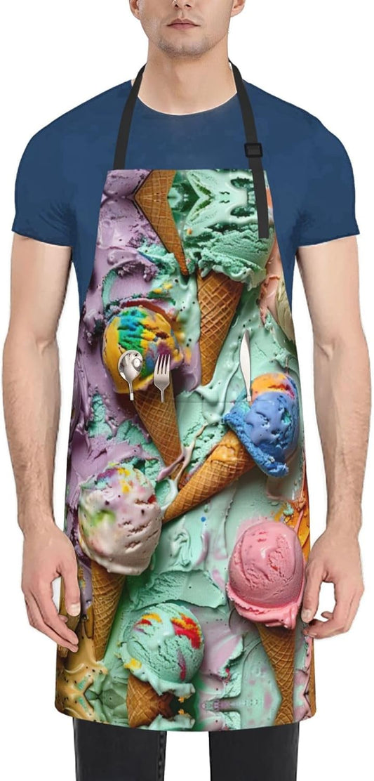 Many colored ice cream print Waterproof chef's apron with pocket apron for kitchen cooking baking barbecue and gardening