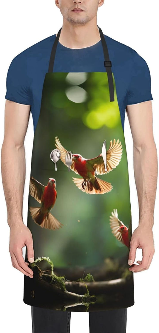 red Birds print Waterproof apron with pocket adjustable cooking apron 