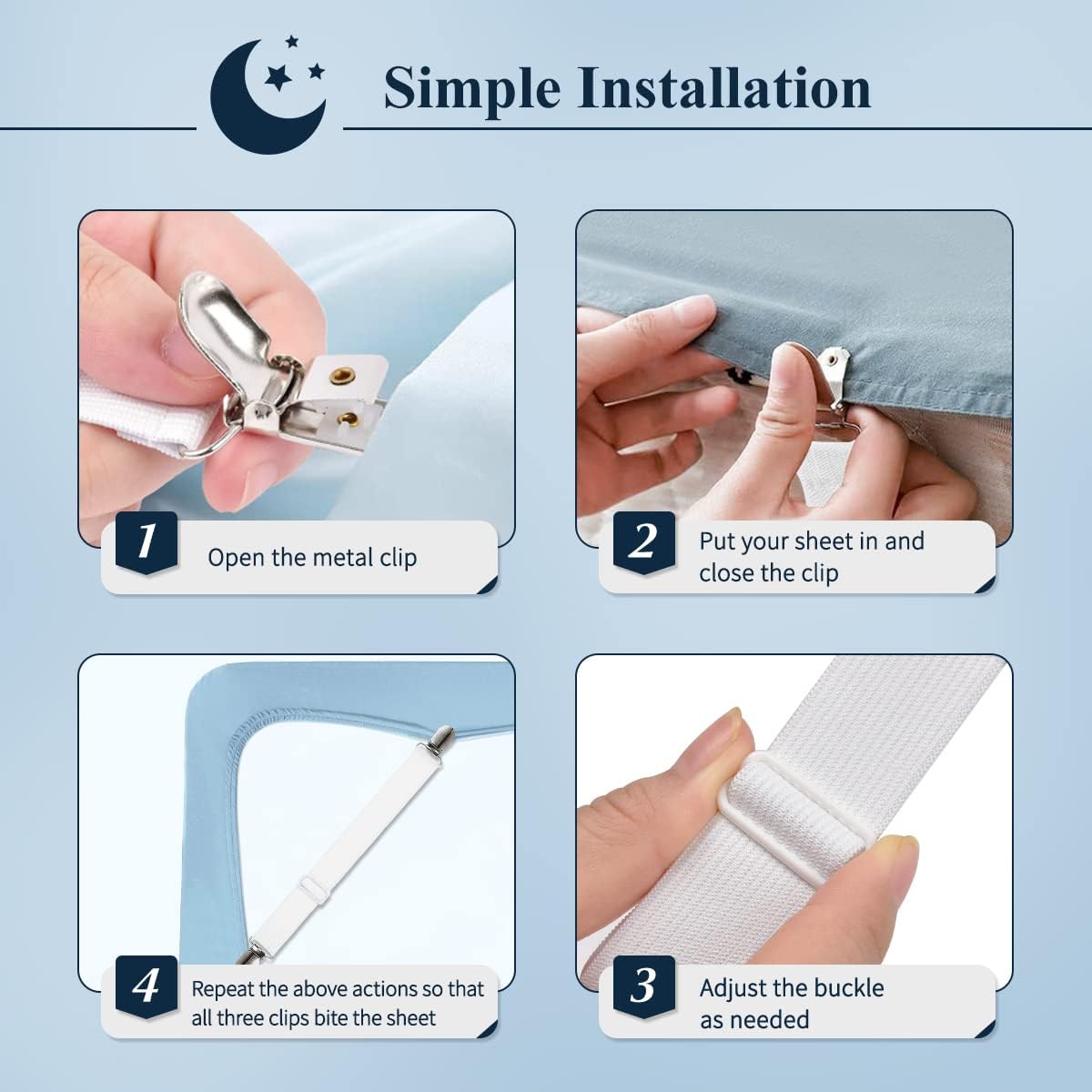Bed Sheet Straps, Sopito Adjustable Elastic Fitted Sheet Corner Holders Straps to Stay in Place, Non-Slip Fasteners Clips Compatible for Crib to King Size Bed, White 4Pcs
