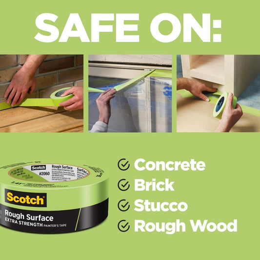 Scotch Rough Surface Extra Strength Painters Tape, 1.5 Inch Wide (1.41 in. X 60 Yds) 1 Roll, Green Tape Protects Surfaces and Removes Easily, Painting Tapes for Indoor and Outdoor Use (2060-36AP)