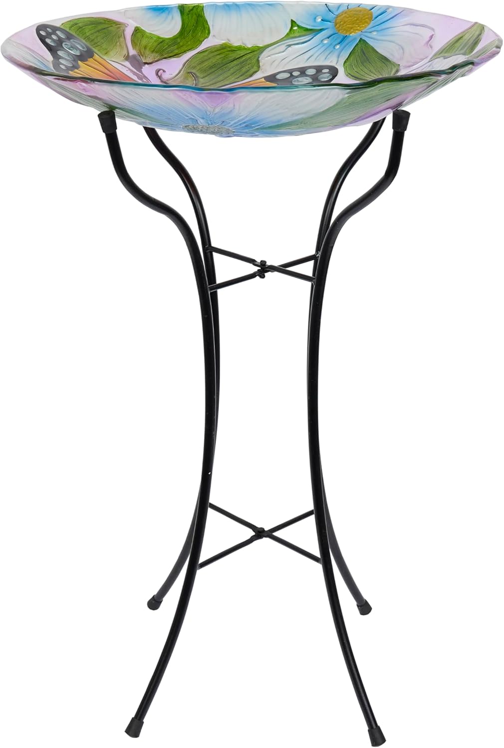 Alpine Corporation 26" Tall Outdoor Glass Floral Butterfly Birdbath wi