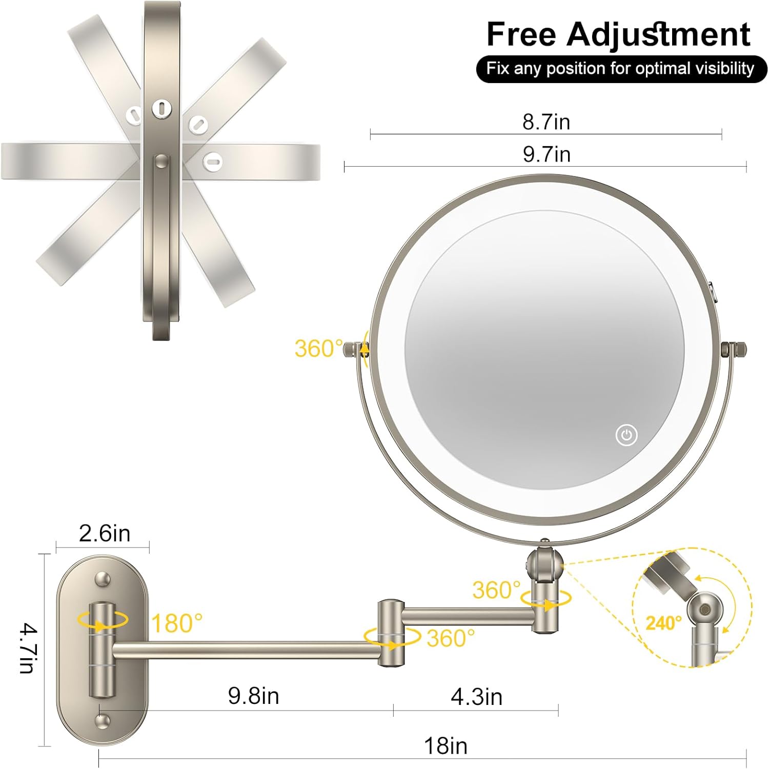 9" Wall Mounted Lighted Makeup Mirror,4000mAh Rechargeable Double Side
