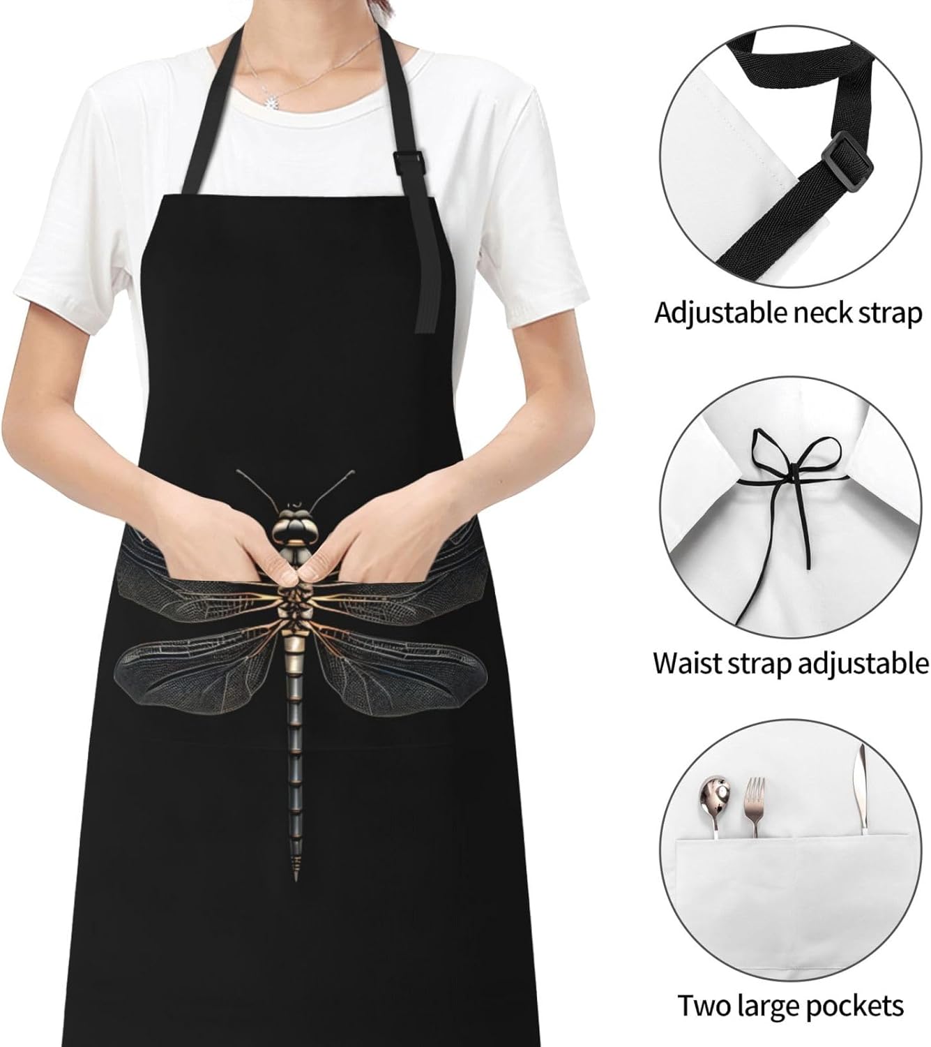 Dragonfly Black print Waterproof apron with pocket adjustable cooking 