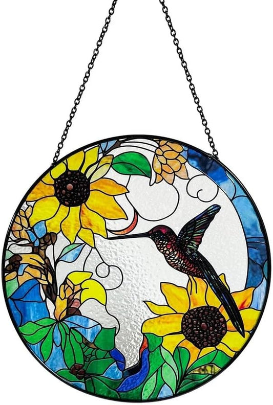 Hummingbird and Sunflowers Stained Glass Suncatcher/Window Hanging – Handcrafted Glass Art, Perfect for Home, Garden, and Gift Giving, 7.8 Inch Round Design